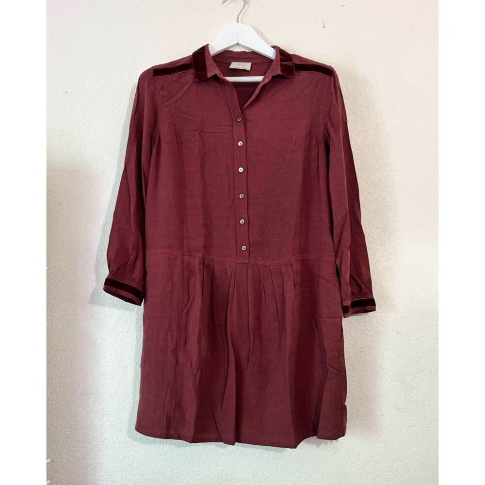 Wrap Womens Long Sleeve Shirt Dress Size 2 Burgundy Red Velvet Trim Pleated